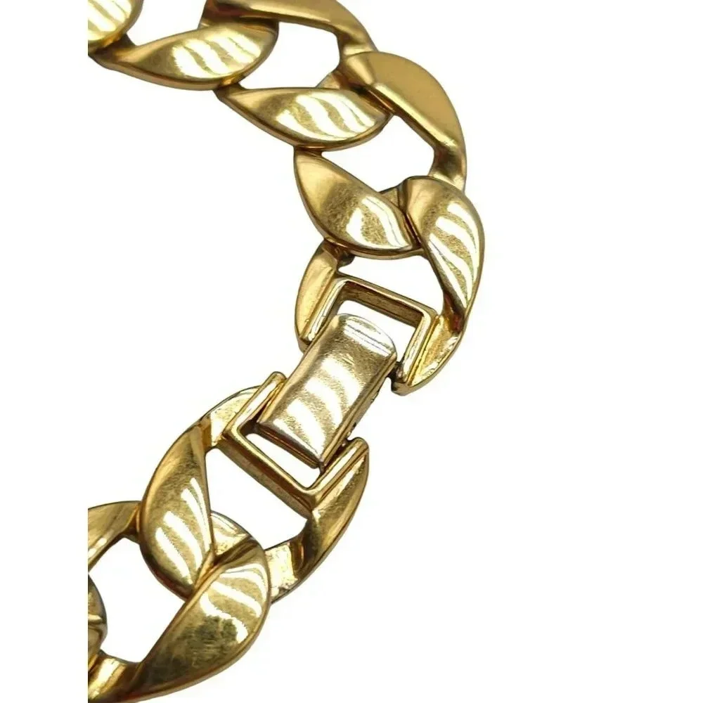 Monet Cuban Chain Bangle Bracelet Fold Over Clasp Gold Tone Vintage  7.75